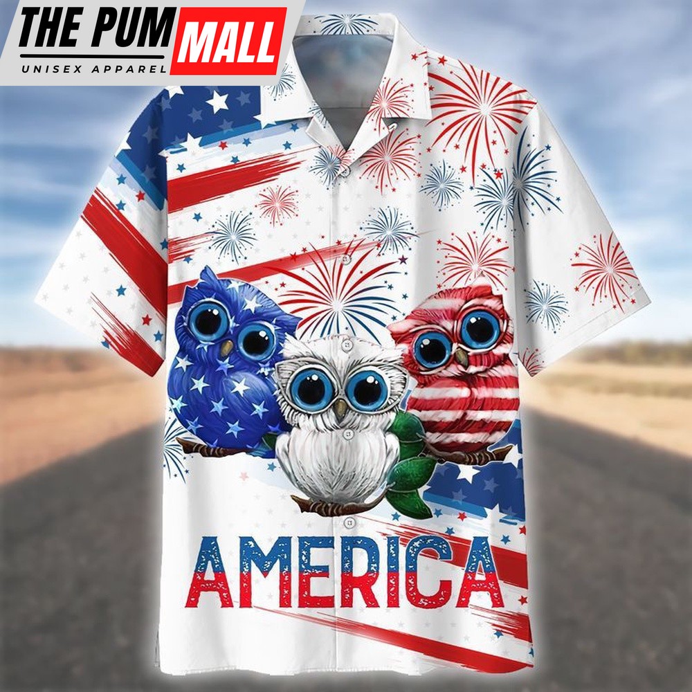 4th Of July Hawaiian Shirt, Owls Celebrating Independence Day Hawaiian Shirt Vibrant Design, Hawaiian Fourth Of July Shirt