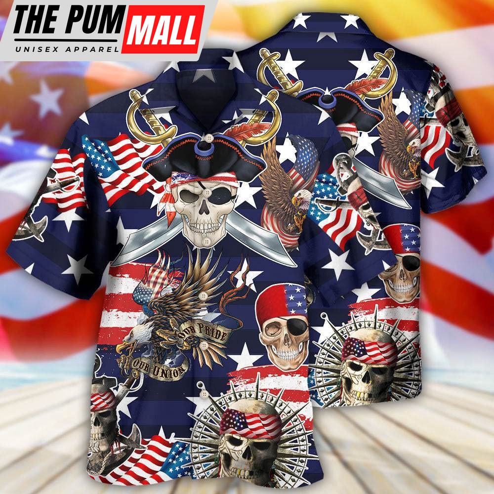 4th Of July Hawaiian Shirt, Pirate Skeleton America Independence Day Hawaiian Shirt, Hawaiian Fourth Of July Shirt