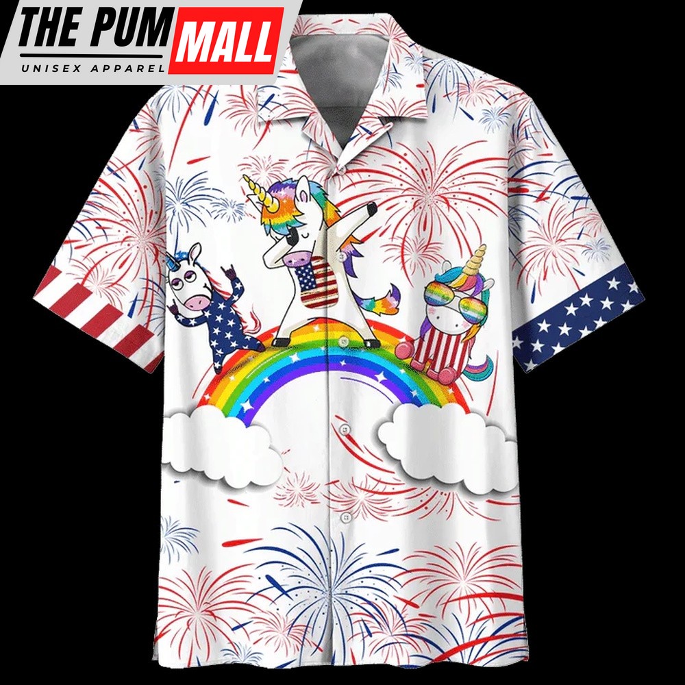 4th Of July Hawaiian Shirt, Rainbow And Unicorn Background Hawaiian Shirt Hawaiian Shirt, Hawaiian Fourth Of July Shirt