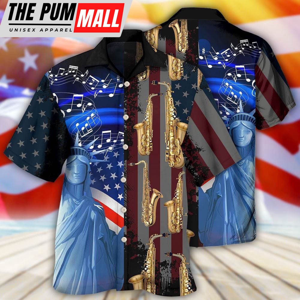 4th Of July Hawaiian Shirt, Saxophone Music Usa Flag Independence Day Hawaiian Shirt, Hawaiian Fourth Of July Shirt