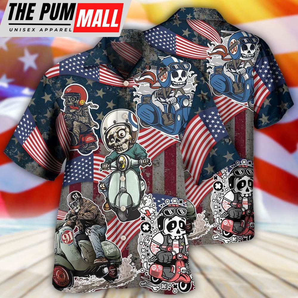 4th Of July Hawaiian Shirt, Scooter Skeleton Usa Flag Independence Day Hawaiian Shirt, Hawaiian Fourth Of July Shirt