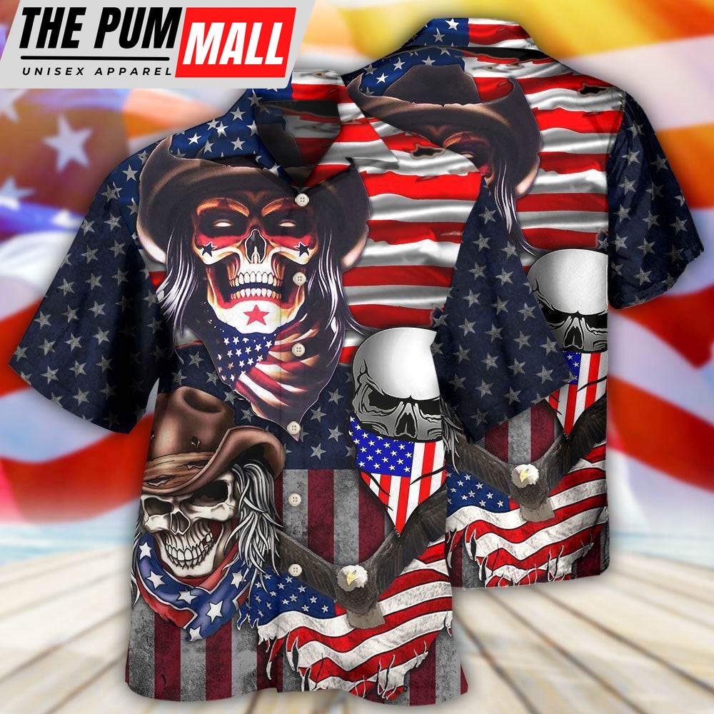 4th Of July Hawaiian Shirt, Skull Independence Day Cowboy Skull Us Hawaiian Shirt, Hawaiian Fourth Of July Shirt