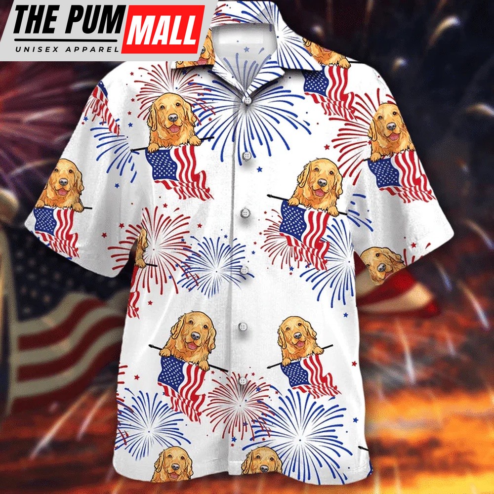 4th Of July Hawaiian Shirt, Smiley Face Golden Retriever White 4Th Of July Hawaiian Shirt, Hawaiian Fourth Of July Shirt