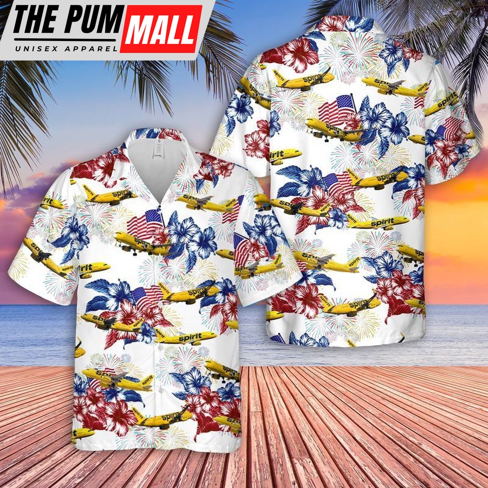 4th Of July Hawaiian Shirt, Spirit Airlines Airbus 4Th Of July Hawaiian Shirt, Hawaiian Fourth Of July Shirt