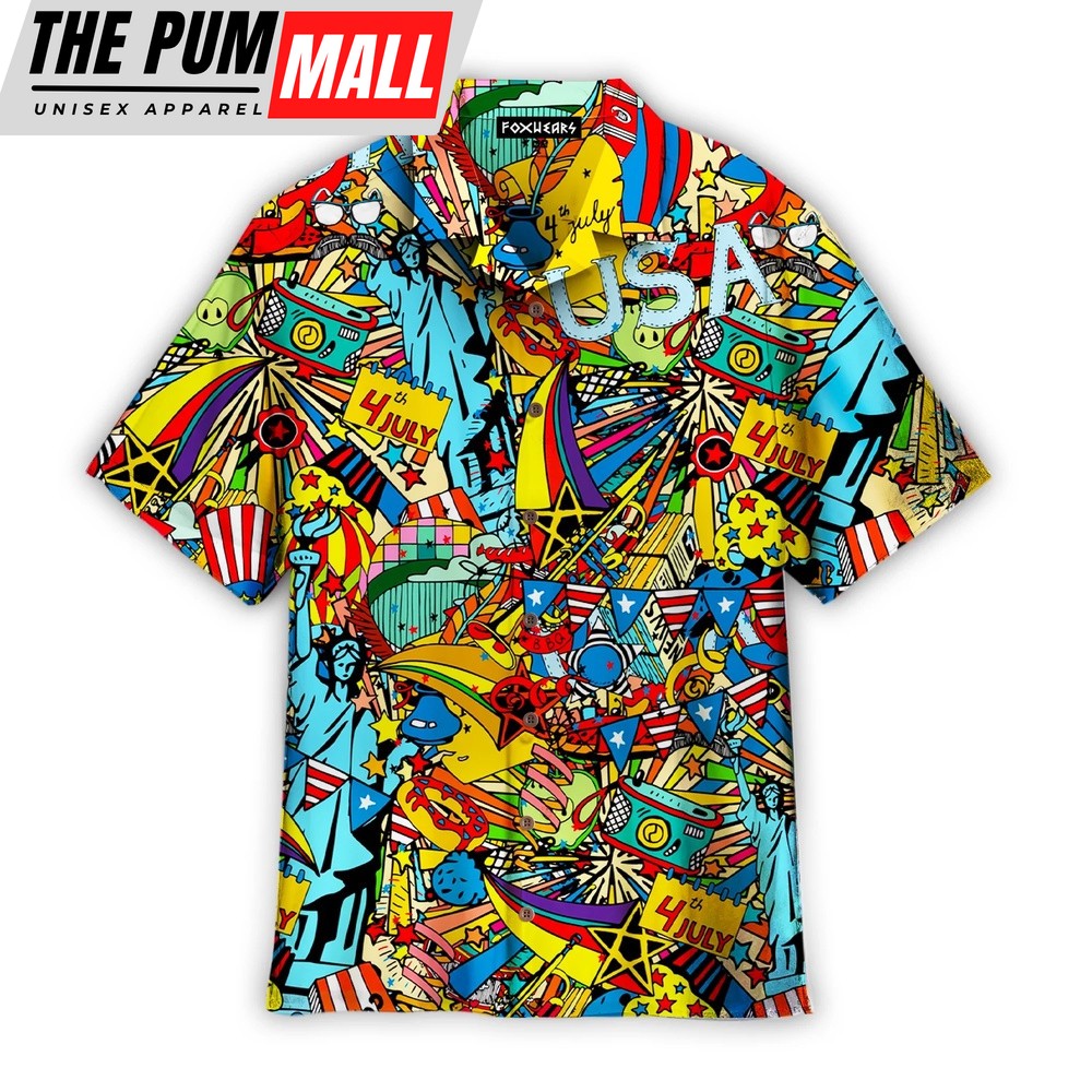 4th Of July Hawaiian Shirt, The 4Th Of July Independence Doodles Trendy Hawaiian Shirt, Hawaiian Fourth Of July Shirt
