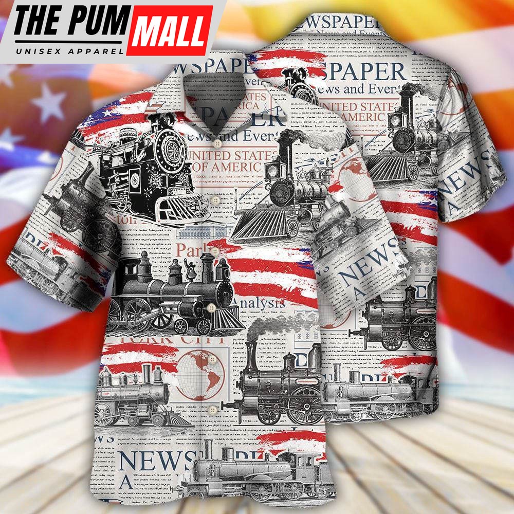 4th Of July Hawaiian Shirt, Train Independence Day Retro Train Us Flag Hawaiian Shirt, Hawaiian Fourth Of July Shirt