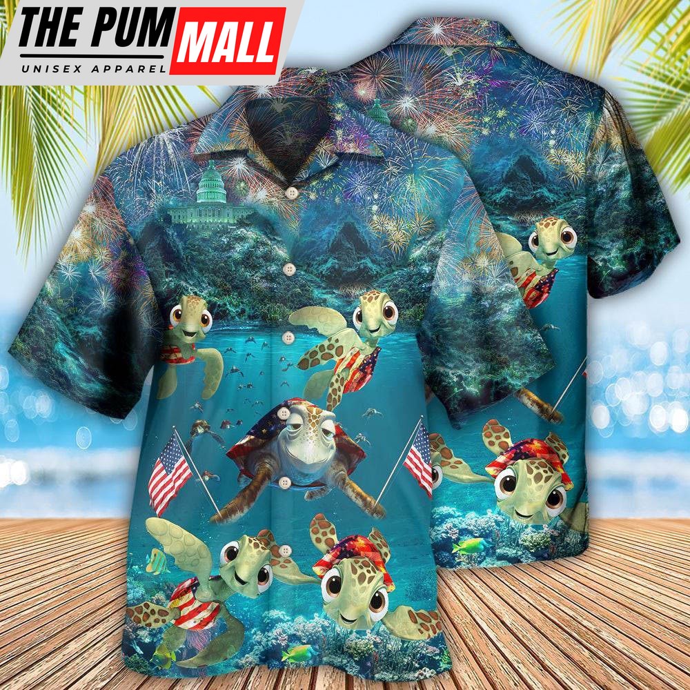 4th Of July Hawaiian Shirt, Turtle Independence Day Celebrate Under Sea Hawaiian Shirt, Hawaiian Fourth Of July Shirt