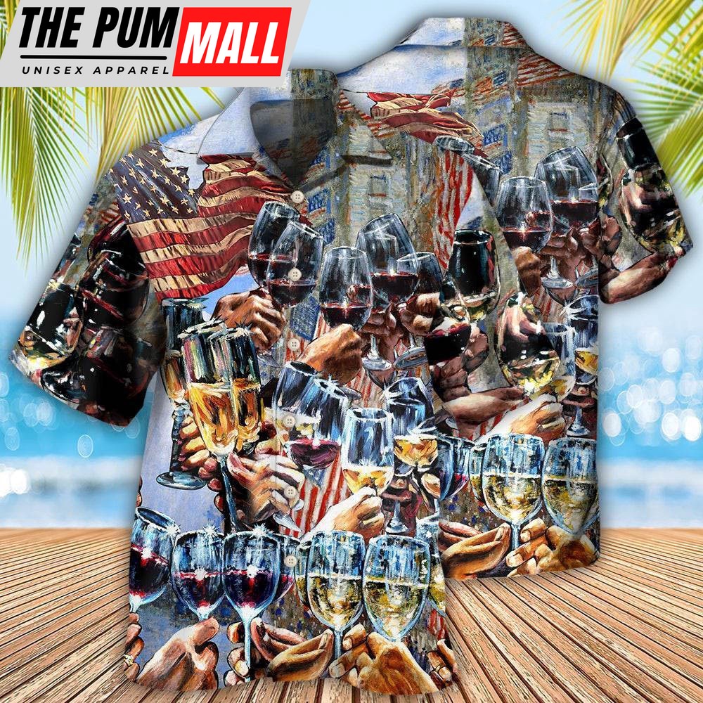 4th Of July Hawaiian Shirt, Wine Cheers Independence Day Hawaiian Shirt, Hawaiian Fourth Of July Shirt