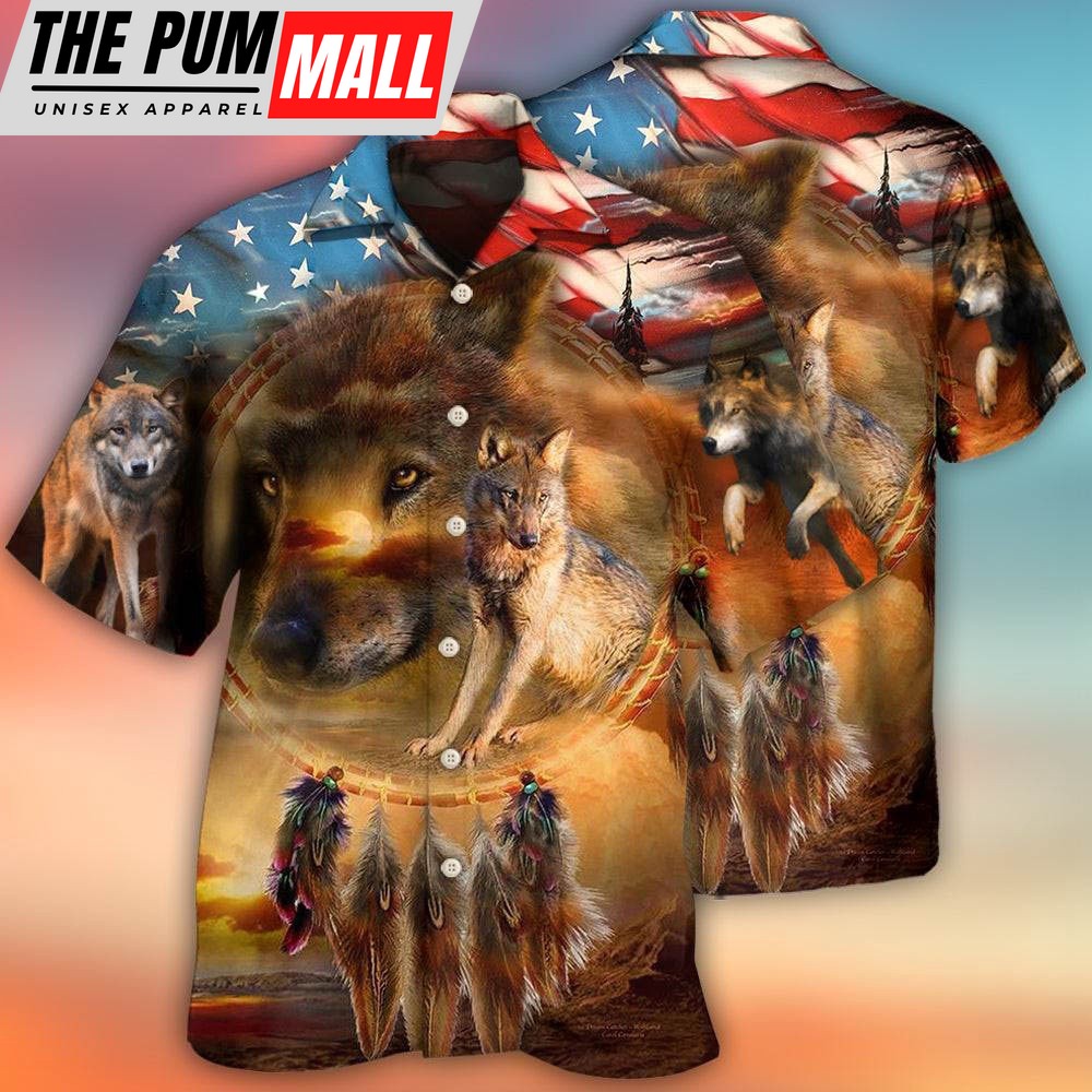 4th Of July Hawaiian Shirt, Wolf Independence Day Dreamcatcher American Flag Hawaiian Shirt, Hawaiian Fourth Of July Shirt