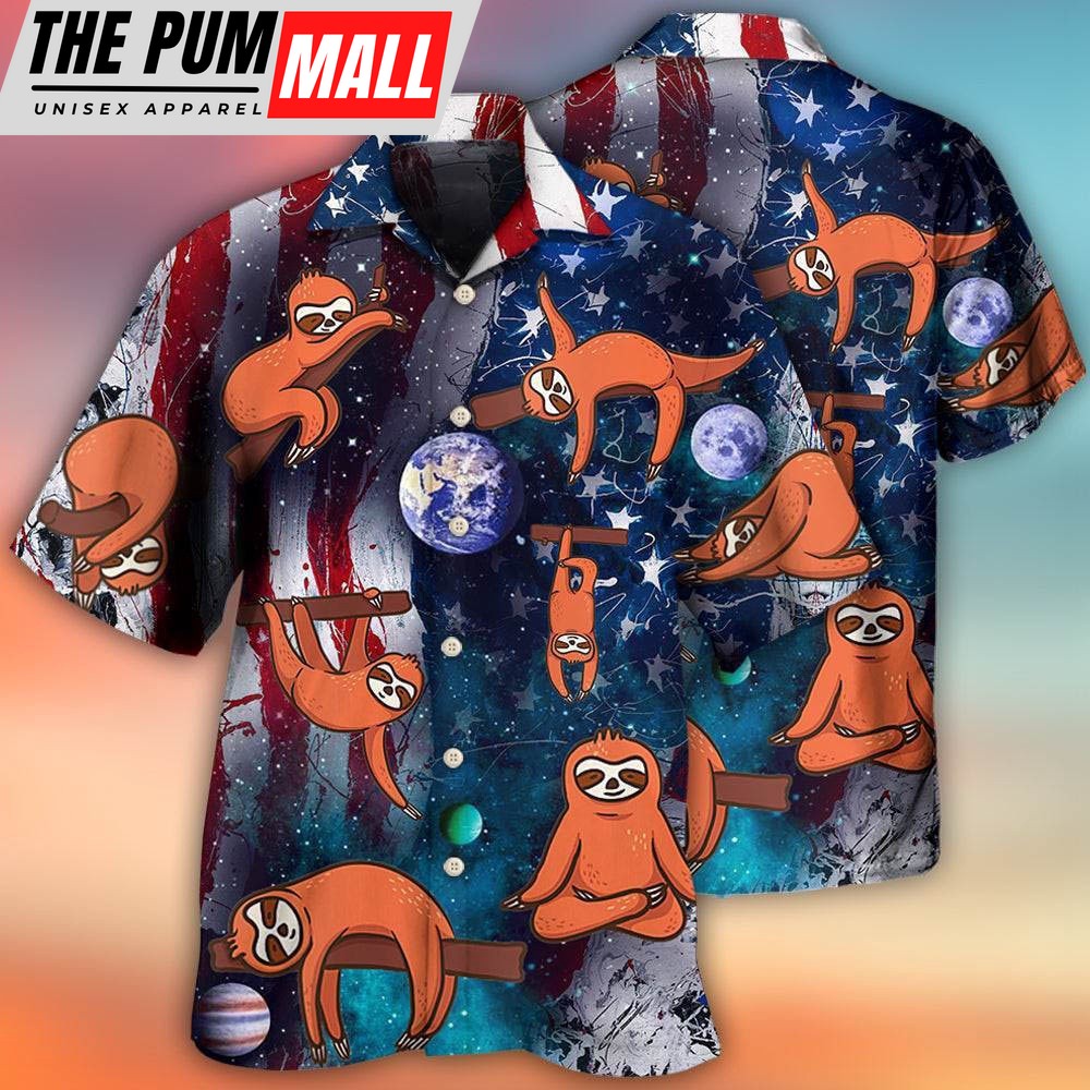 4th Of July Hawaiian Shirt, Yoga Independence Day Sloth Cute Hawaiian Shirt, Hawaiian Fourth Of July Shirt