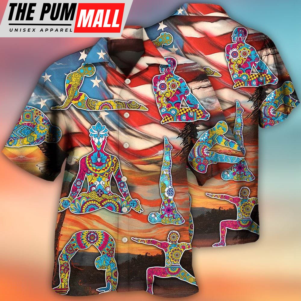 4th Of July Hawaiian Shirt, Yoga Independence Day Yoga Pose Hawaiian Shirt, Hawaiian Fourth Of July Shirt