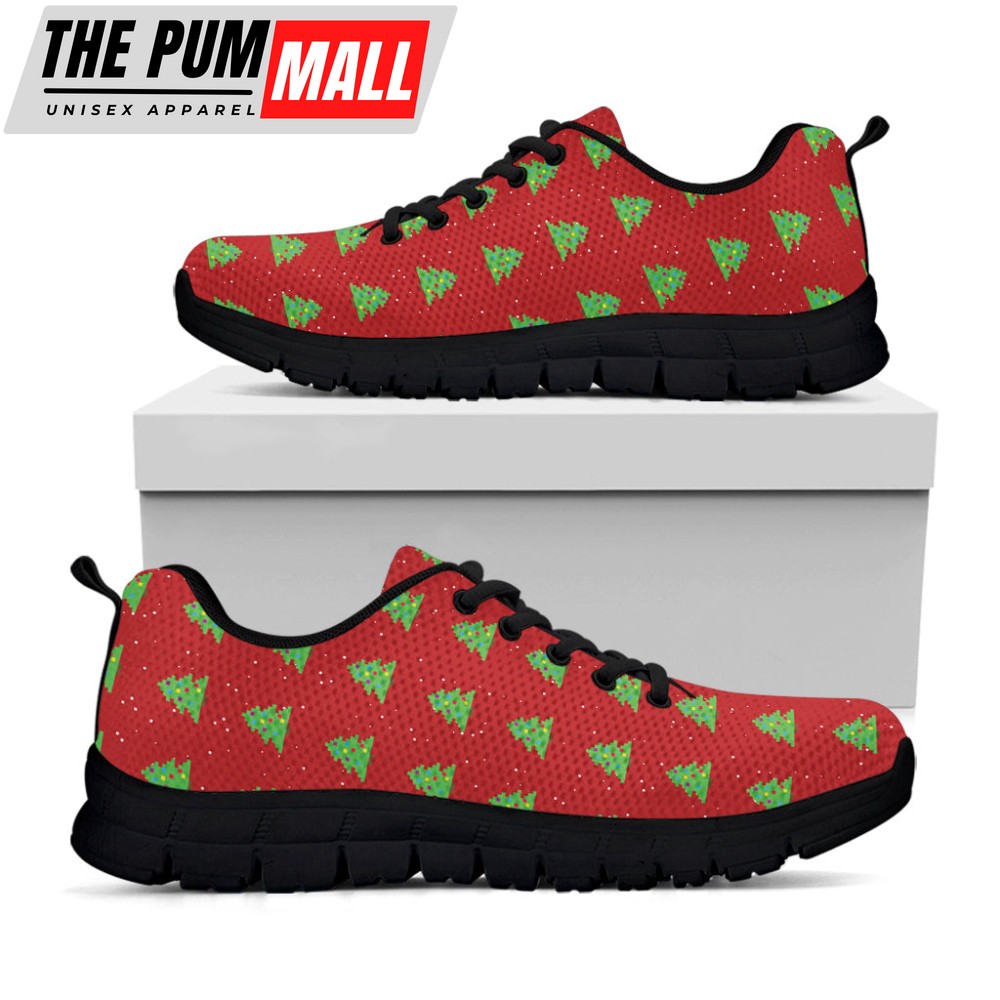 8-Bit Pixel Christmas Tree Pattern Print Black Running Shoes, Gift For Men And Women