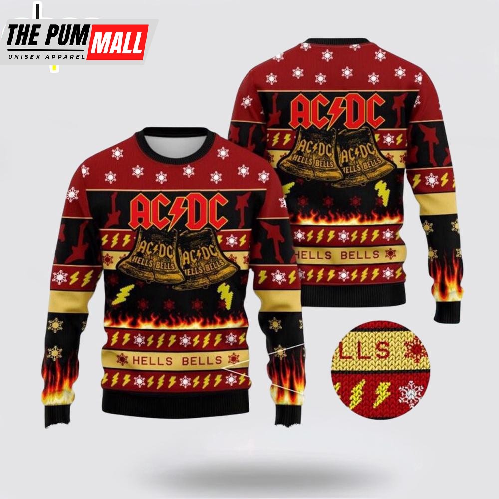 ACDC Hells Bells Flames Graphics Thunder Pattern Ugly Christmas Sweater