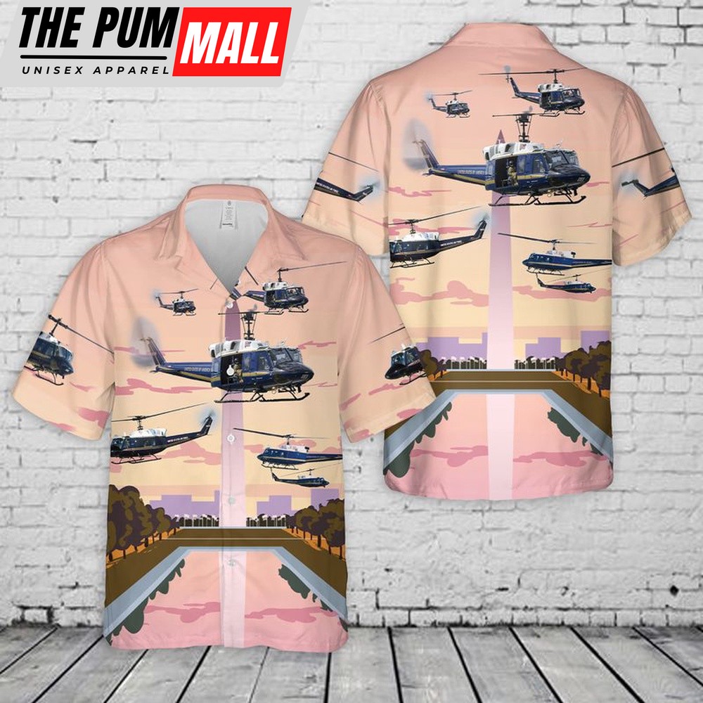 Air Force Hawaiian Shirt, Bell UH-1N Twin Huey of the 1st Helicopter Squadron flying over Washington DC Hawaiian Shirt, Veteran Hawaiian Shirt