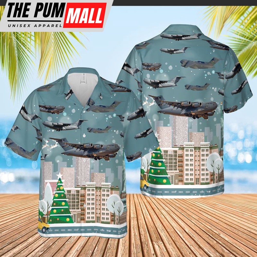 Air Force Hawaiian Shirt, C-17 Globemaster III New York Air National Guard Christmas Hawaiian Shirt, Veteran Hawaiian Shirt