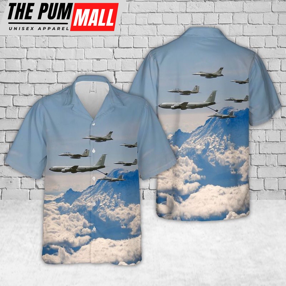 Air Force Hawaiian Shirt, KC-135 of the 116th Air Refueling Squadron over Mount Rainier Washington Air National Guard Hawaiian Shirt