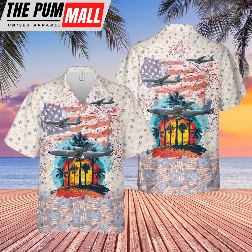 Air Force Hawaiian Shirt, Nebraska Air National Guard 173d Air Refueling Squadron Boeing KC-135 Stratotanker 59-1495, 4th Of July Hawaiian Shirt