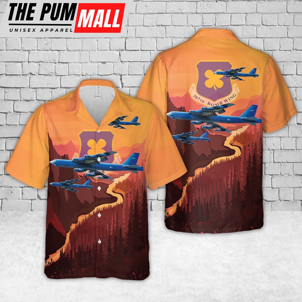 Air Force Hawaiian Shirt, US Air Force 307th Bomb Wing Boeing B-52H Stratofortress 61-0017 Hawaiian Shirt, Veteran Hawaiian Shirt