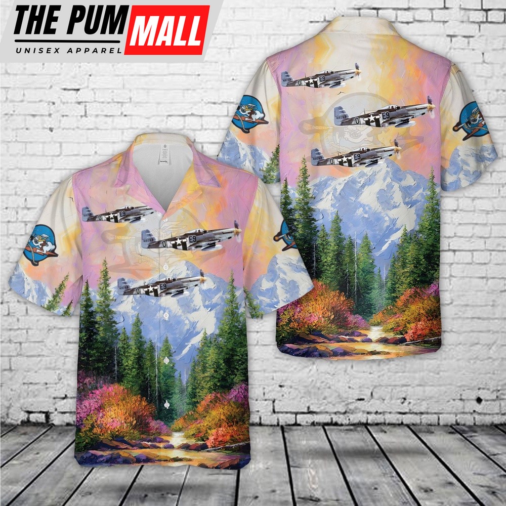 Air Force Hawaiian Shirt, US Air Force 376th Fighter Squadron P-51 Mustang Hawaiian Shirt, Veteran Hawaiian Shirt