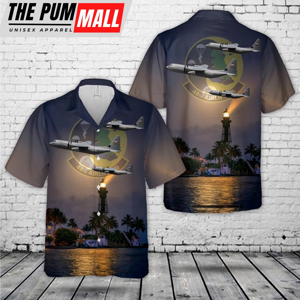 Air Force Hawaiian Shirt, US Air Force 48th Airlift Squadron C-130J-30 Hercules Hawaiian Shirt, Veteran Hawaiian Shirt