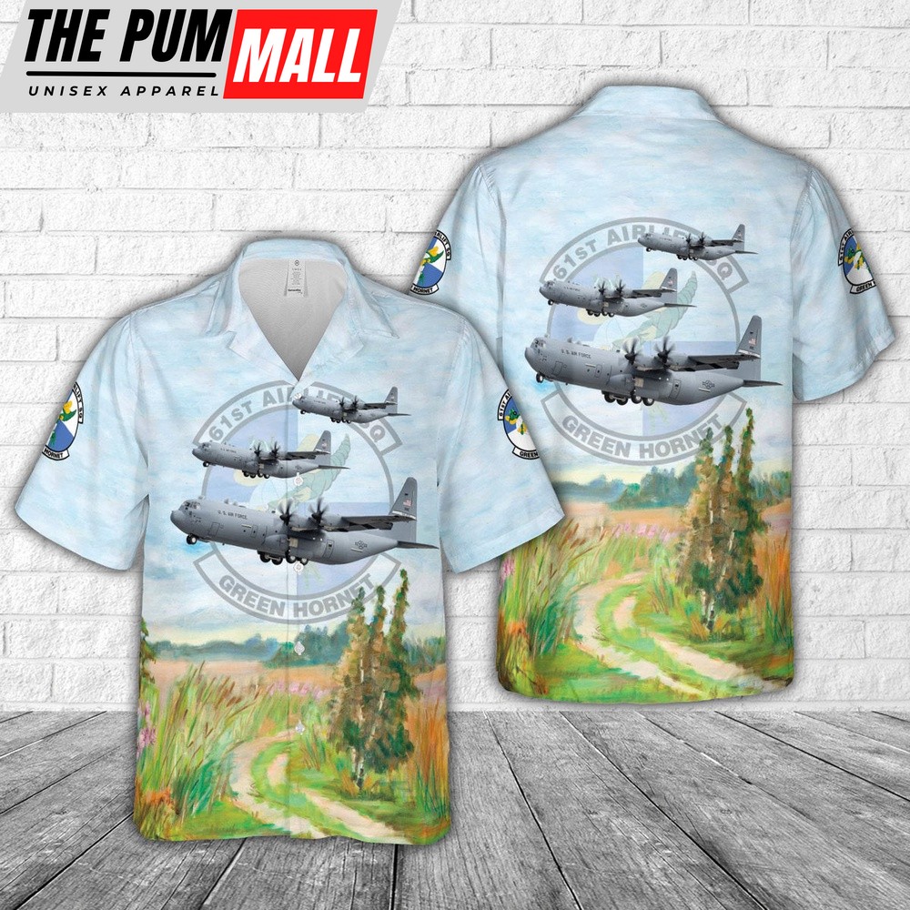 Air Force Hawaiian Shirt, US Air Force 61st Airlift Squadron Lockheed C-130J Hercules Hawaiian Shirt, Veteran Hawaiian Shirt