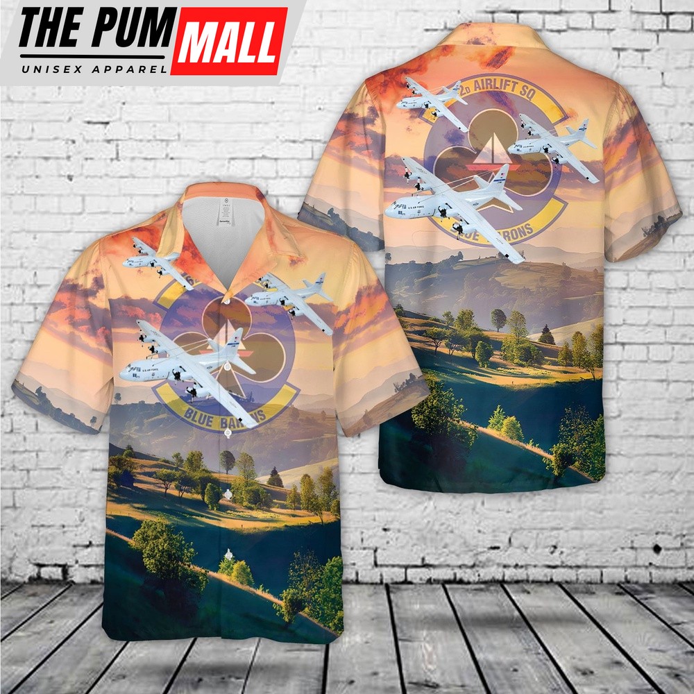 Air Force Hawaiian Shirt, US Air Force 62d Airlift Squadron Blue Barons Lockheed Martin C-130E Hawaiian Shirt, Veteran Hawaiian Shirt
