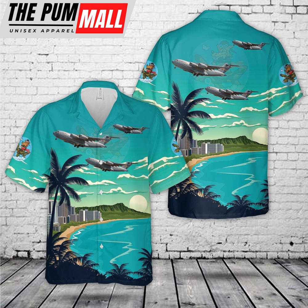 Air Force Hawaiian Shirt, US Air Force 729th Airlift Squadron Boeing C-17 Globemaster III Hawaiian Shirt, Veteran Hawaiian Shirt