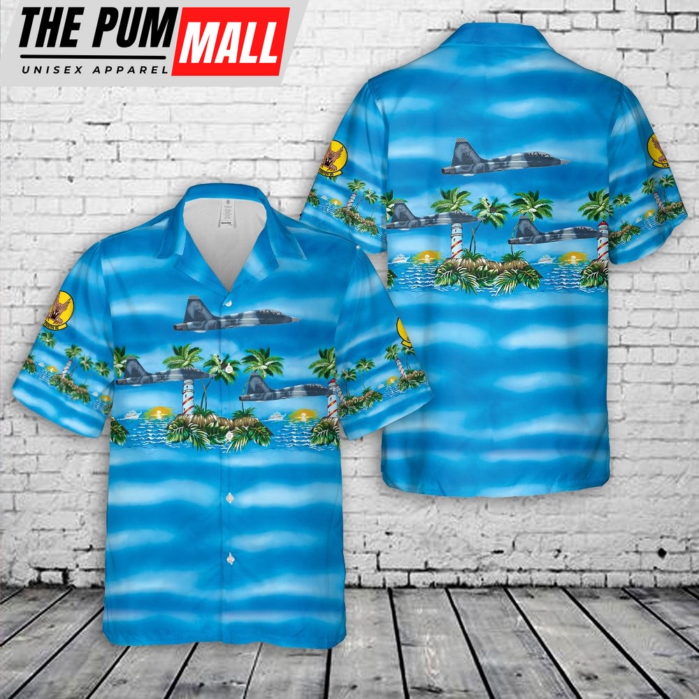 Air Force Hawaiian Shirt, US Air Force 7th Fighter Training Squadron Screamin’ Demons F-22 Raptor Hawaiian Shirt, Veteran Hawaiian Shirt