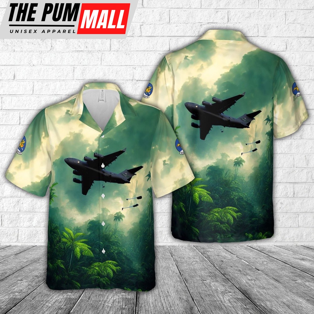 Air Force Hawaiian Shirt, US Air Force 8th Airlift Squadron Boeing C-17 Globemaster III drops paratroopers from the 82nd Airborne Division Hawaiian Shirt