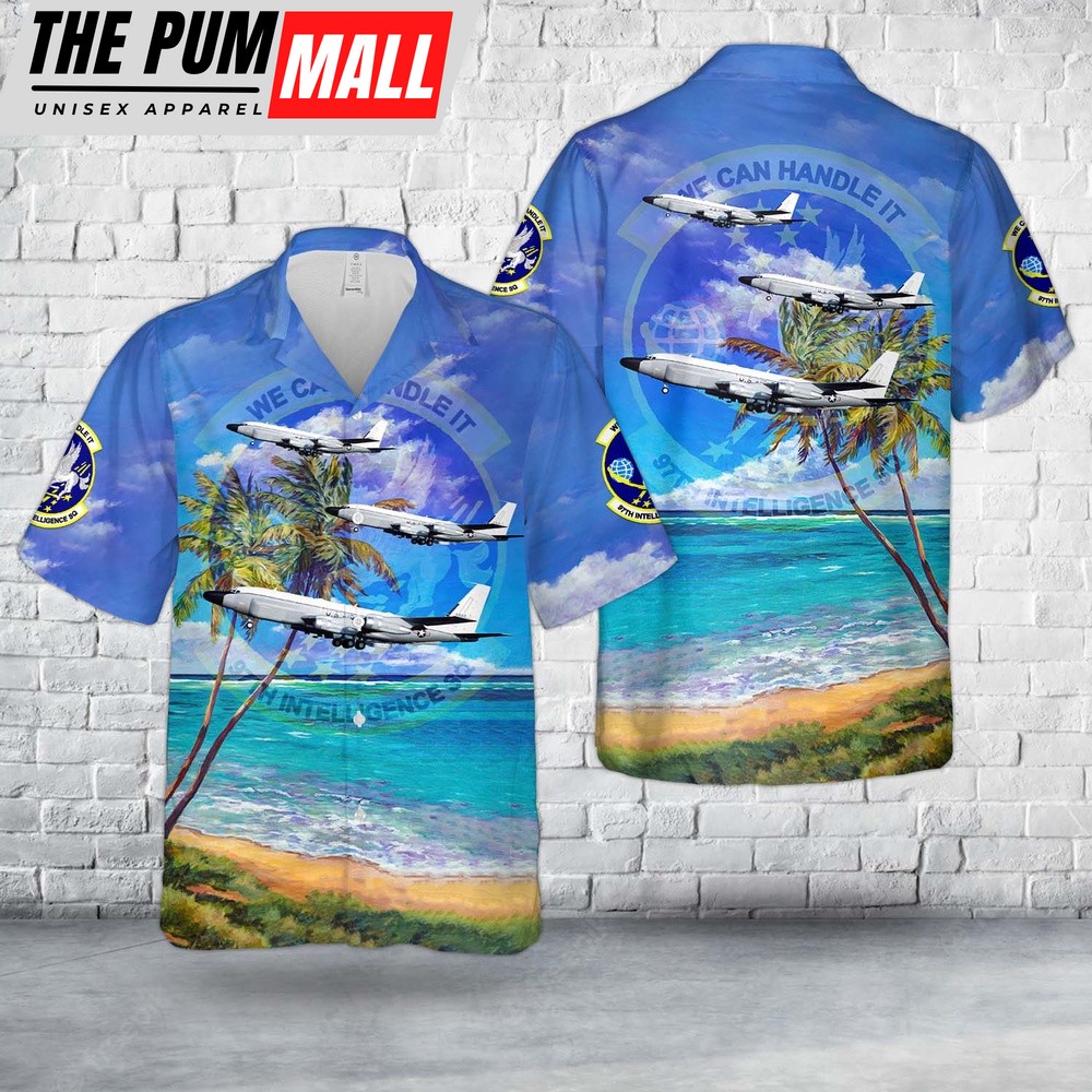 Air Force Hawaiian Shirt, US Air Force 97th Intelligence Squadron Boeing RC-135V Rivet Joint Hawaiian Shirt, Veteran Hawaiian Shirt