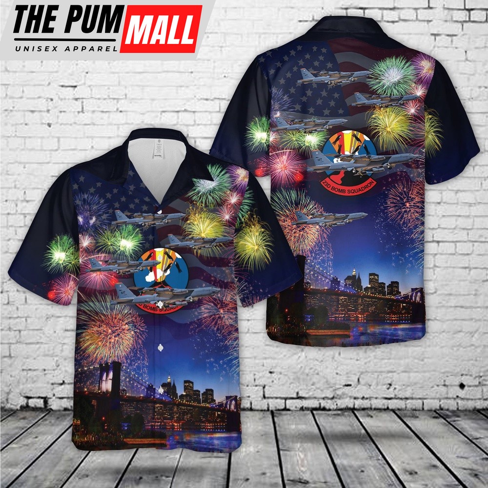 Air Force Hawaiian Shirt, US Air Force Boeing B-52H Stratofortress 60-0026 MT 23d Bomb Squadron (23 BS) Bomber Barons, 4th Of July Hawaiian Shirt