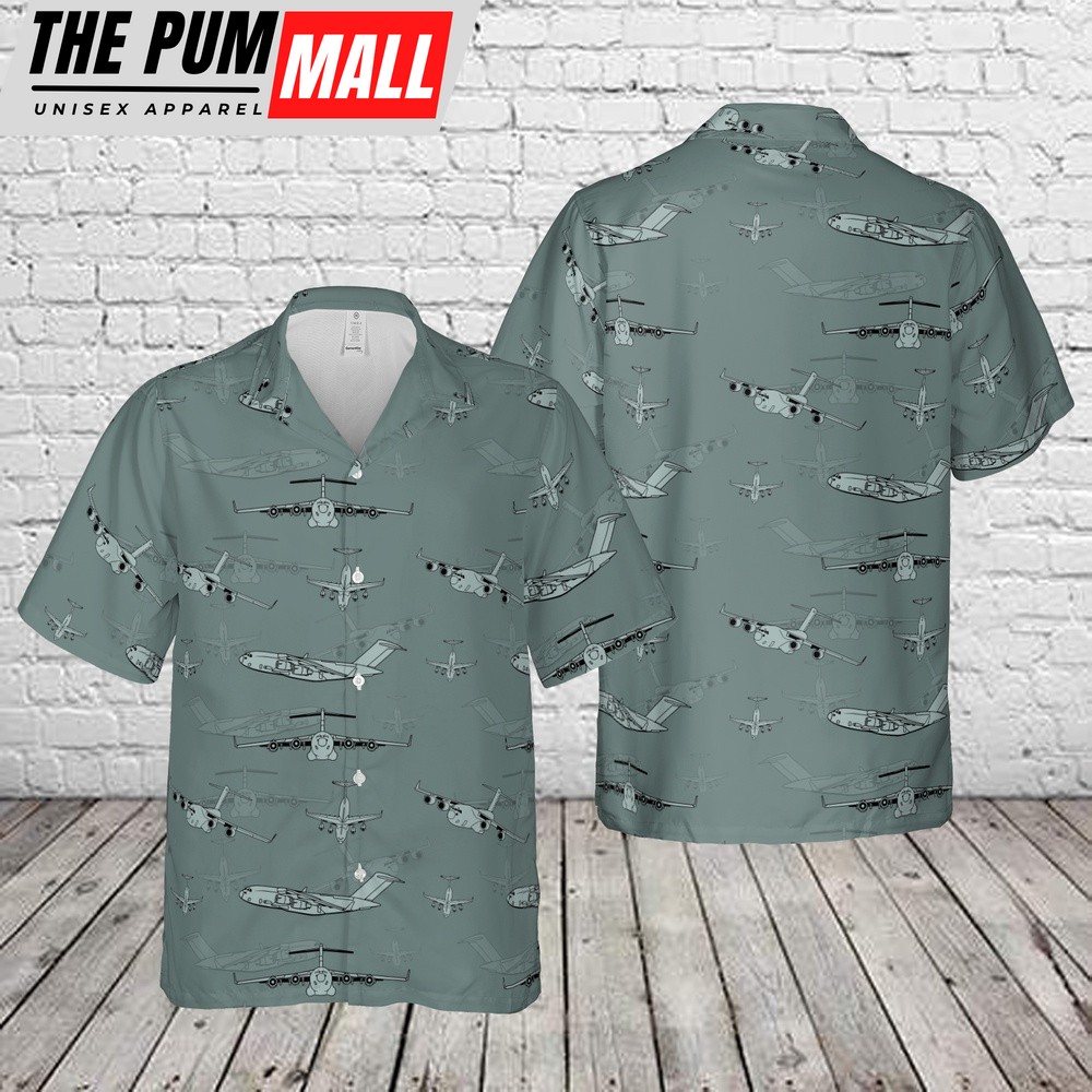 Air Force Hawaiian Shirt, US Air Force Boeing C-17 Globemaster Silhouette Hawaiian Shirt, Veteran Hawaiian Shirt