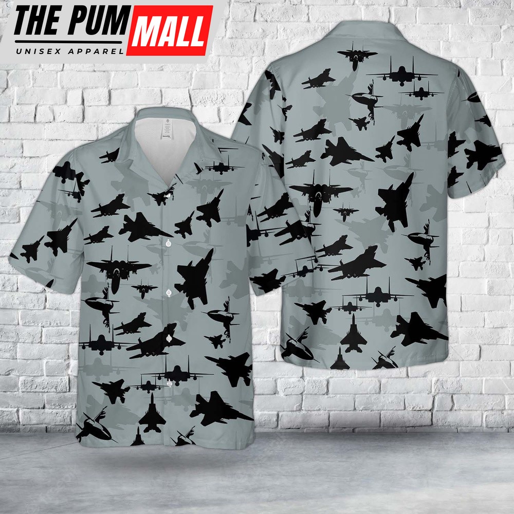 Air Force Hawaiian Shirt, US Air Force Boeing McDonnell Douglas F-15 Eagle Aircraft Silhouettes Hawaiian Shirt, Veteran Hawaiian Shirt