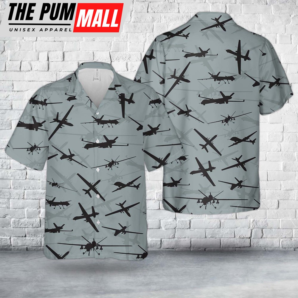 Air Force Hawaiian Shirt, US Air Force General Atomics MQ-9 Reaper Aircraft Silhouettes Hawaiian Shirt, Veteran Hawaiian Shirt