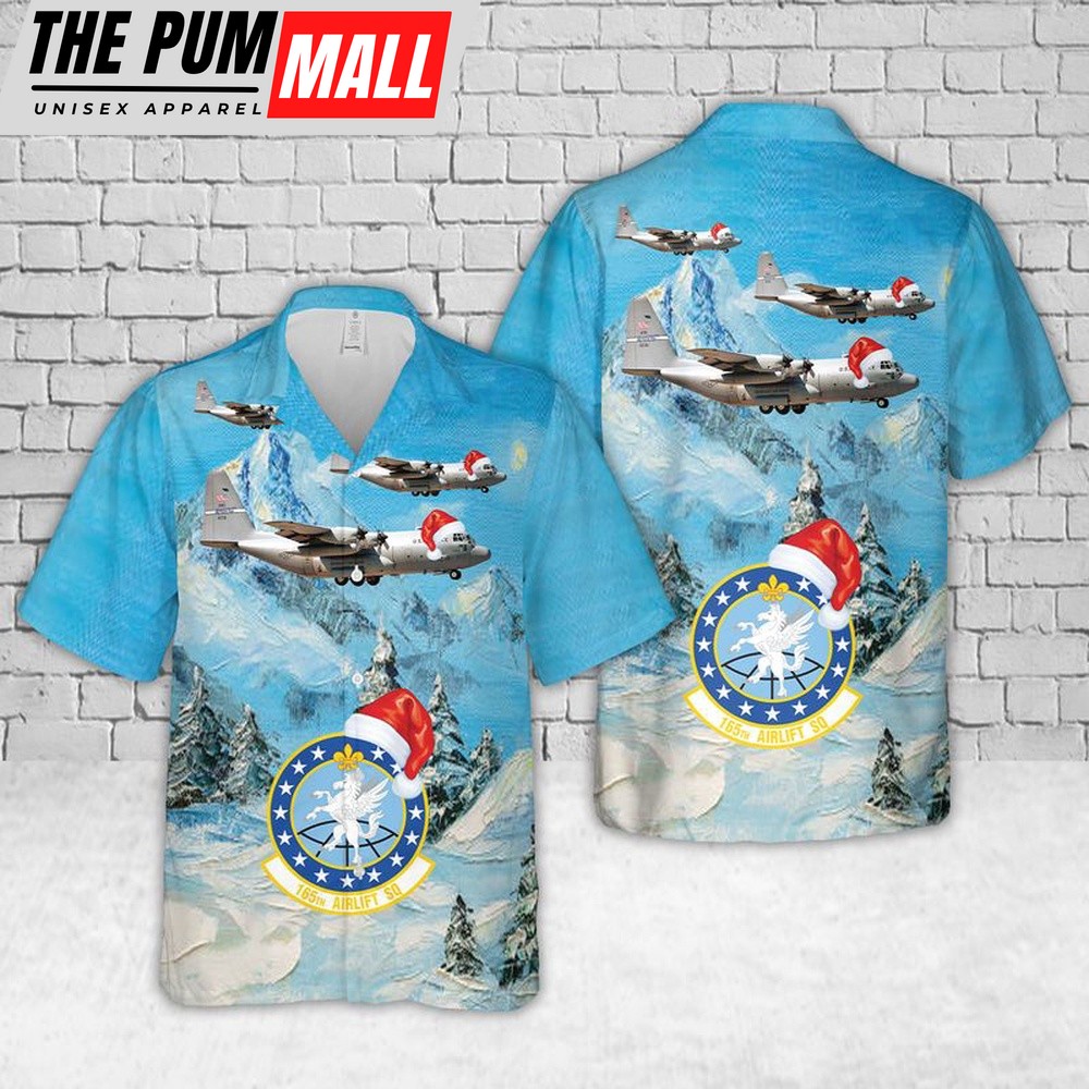 Air Force Hawaiian Shirt, US Air Force Kentucky Air National Guard 165th Airlift Squadron Lockheed C-130H Hercules Christmas Hawaiian Shirt