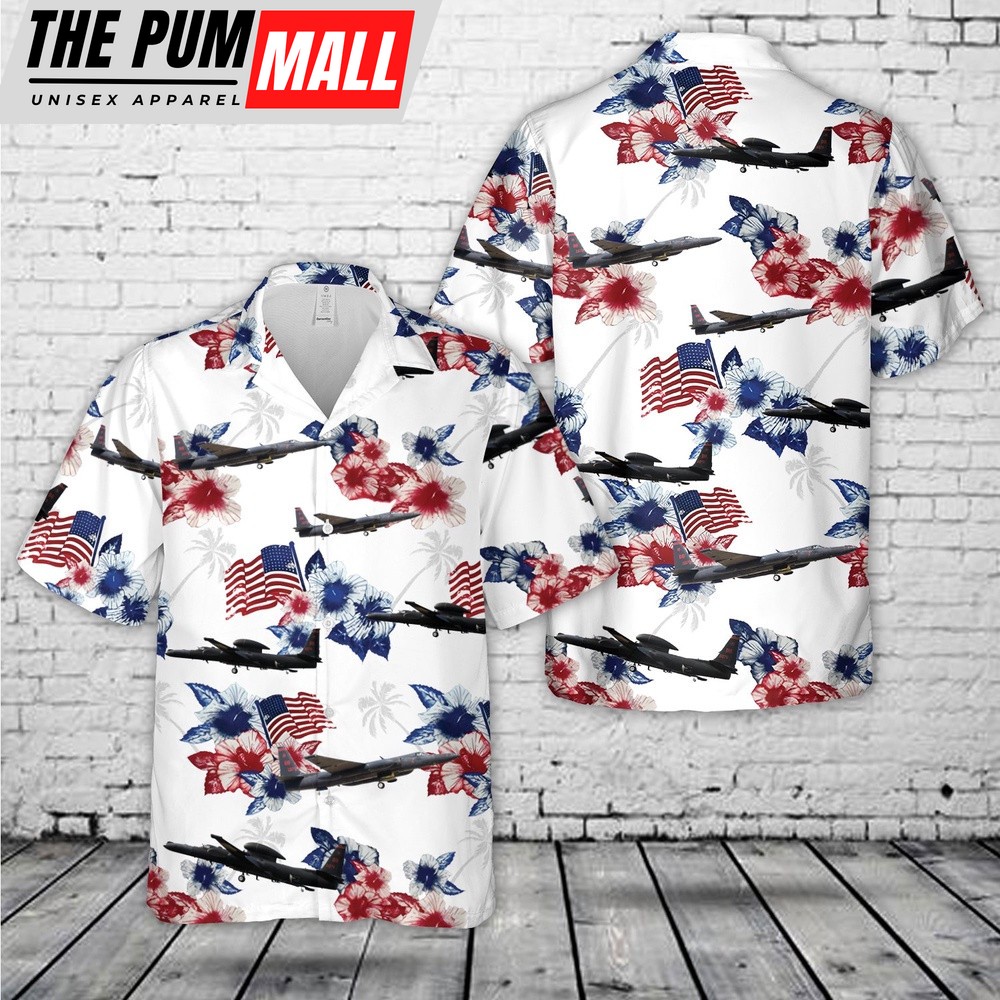 Air Force Hawaiian Shirt, US Air Force Lockheed U-2S Dragon Lady Red White Blue Flag Floral Hawaiian Shirt, Veteran Hawaiian Shirt
