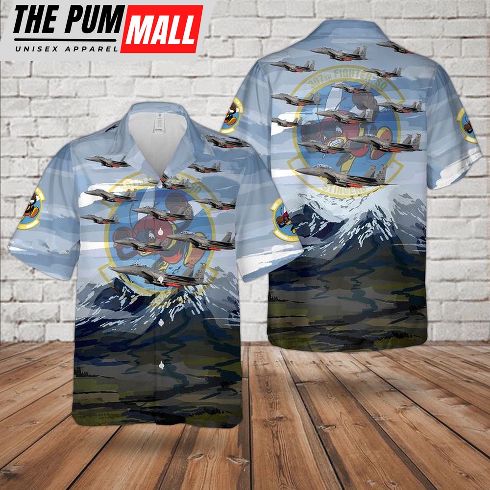 Air Force Hawaiian Shirt, US Air Force McDonnell Douglas F-15E Strike Eagle Of 307th Fighter Squadron Stingers Hawaiian Shirt, Veteran Hawaiian Shirt