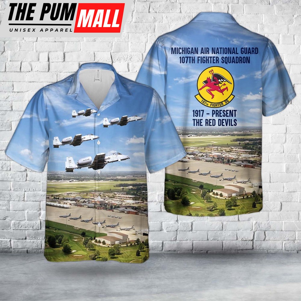 Air Force Hawaiian Shirt, US Air Force Michigan Air National Guard 107th Fighter Squadron A-10 Thunderbolt II 80-255 Hawaiian Shirt