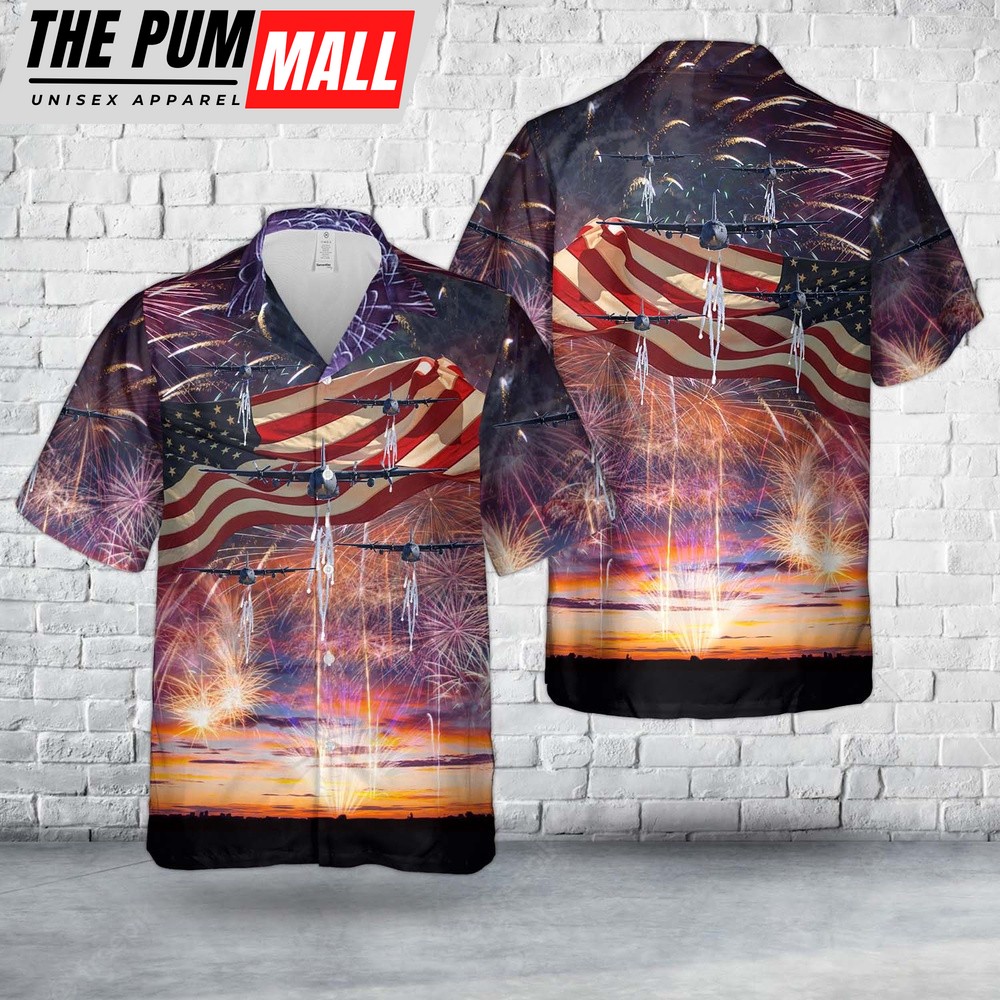 Air Force Hawaiian Shirt, US Air Force Michigan Air National Guard C-130E Hercules aircraft from 171st Airlift Squadron, 4th Of July Hawaiian Shirt