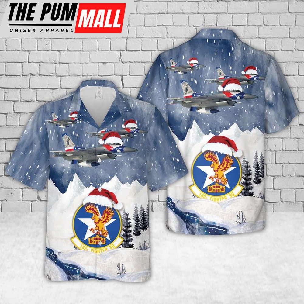 Air Force Hawaiian Shirt, US Air Force Texas Air National Guard 182d Fighter Squadron F-16 Fighting Falcon Christmas Hawaiian Shirt