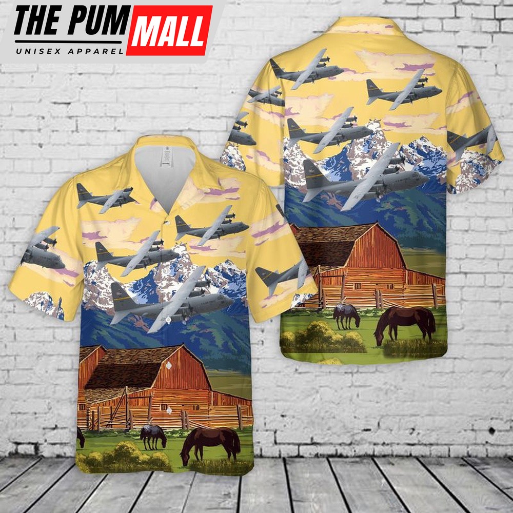 Air Force Hawaiian Shirt, US Air Force Wyoming Air National Guard 153d Airlift Wing C-130H Hercules Hawaiian Shirt, Veteran Hawaiian Shirt