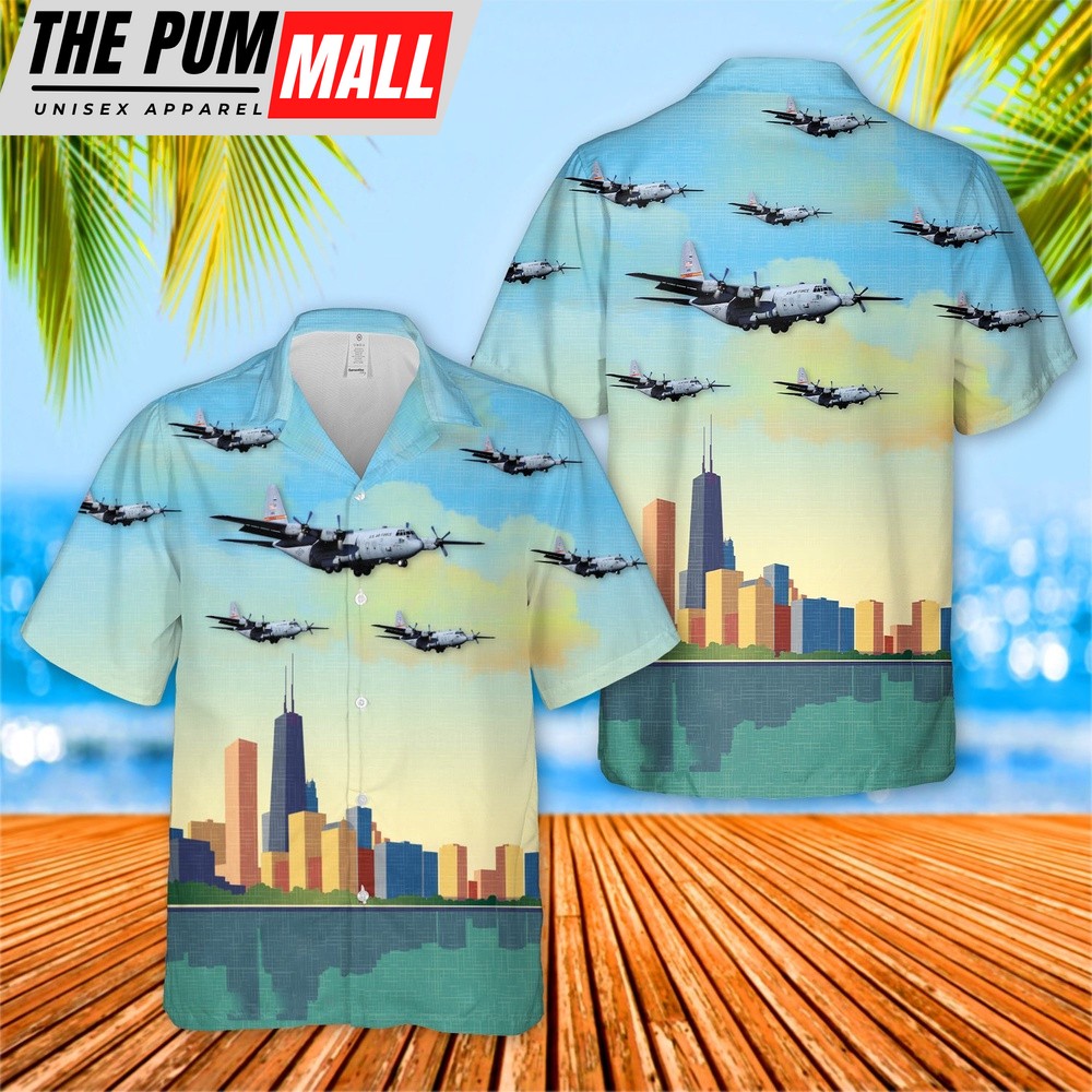 Air Force Hawaiian Shirt, USAF Illinois Air National Guard 169th Airlift Squadron Lockheed C-130H3 Hercules Hawaiian Shirt, Veteran Hawaiian Shirt