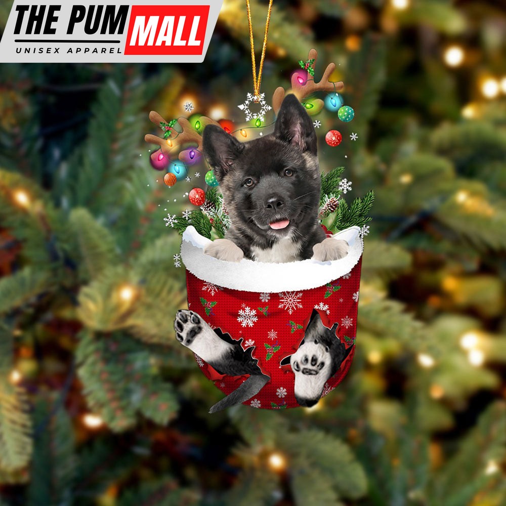 Akita In Snow Pocket Christmas Ornament – Two Sided Christmas Plastic Hanging Limited Edition