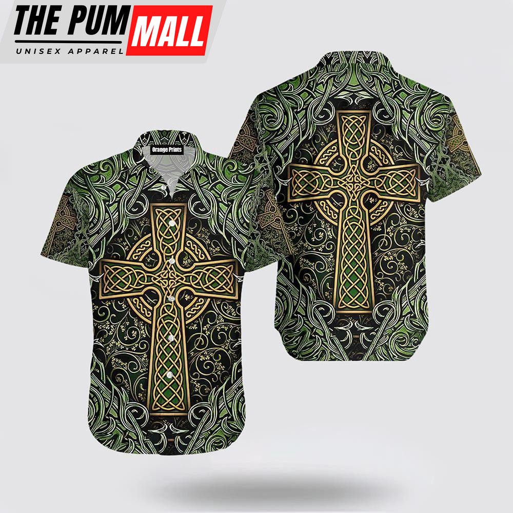 Amazing Celtic Cross St Patrick Green Irish Viking Nordic Knots Hawaiian Shirt, St Patricks Day Shirts, Shamrock Hawaiian Shirt