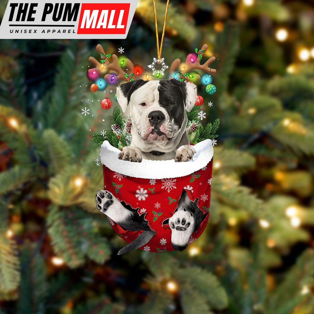 American Bulldog In Snow Pocket Christmas Ornament – Two Sided Christmas Plastic Hanging Limited Edition