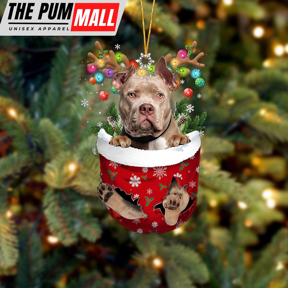 American Bully In Snow Pocket Christmas Ornament – Two Sided Christmas Plastic Hanging Limited Edition