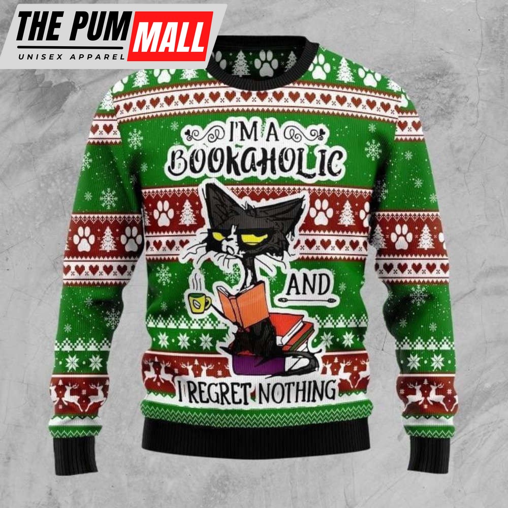 Angry Black Cat I’m A Bookaholic And I Regret Nothing Ugly Christmas Sweater