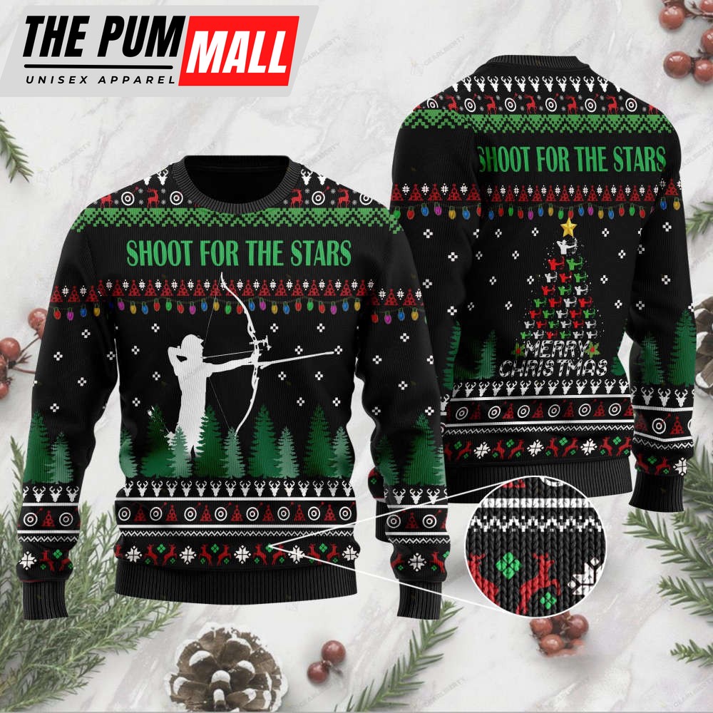 Archer Using Compound Bow With Sayings Shoot For The Stars For Unisex Ugly Christmas Sweater – Sweatshirt Gift For Christmas Day