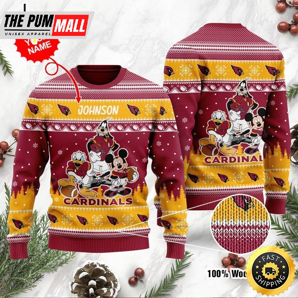 Arizona Cardinals Disney Donald Duck Mickey Mouse Goofy Personalized Ugly Christmas Sweater Perfect Holiday Gift