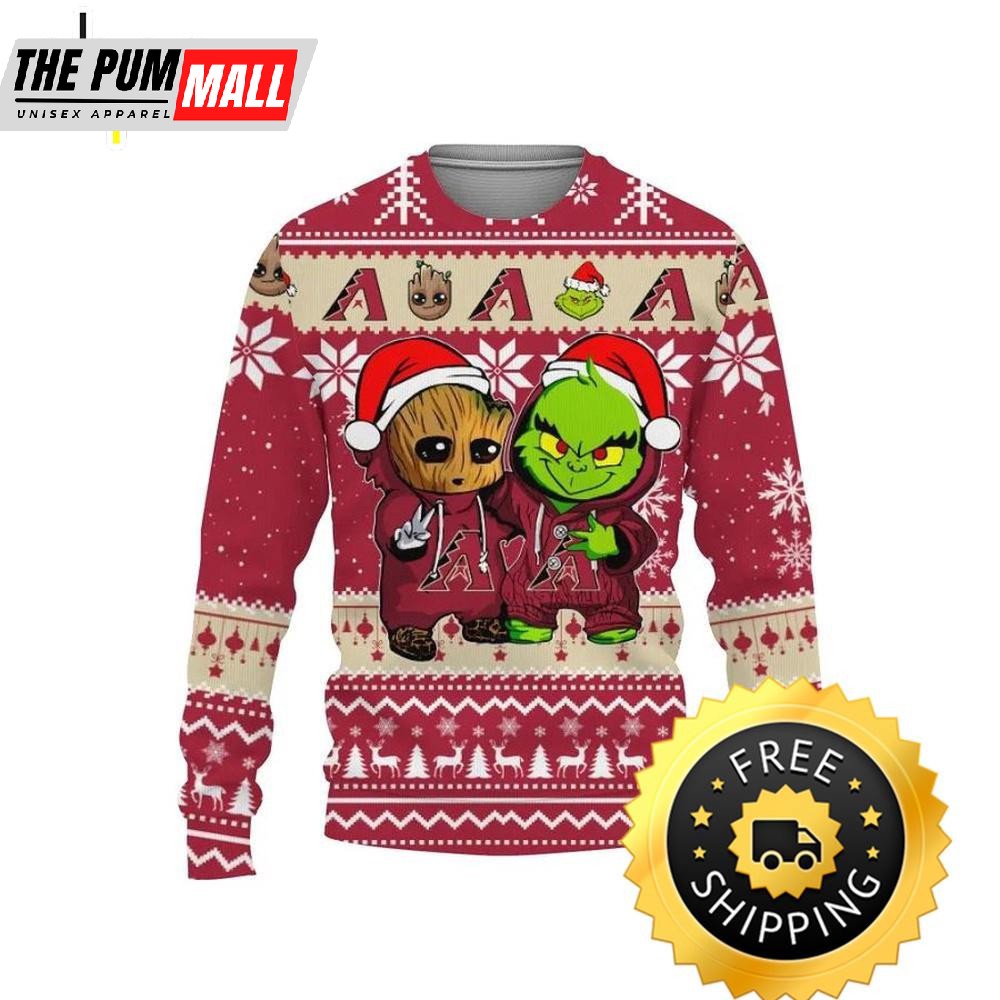 Arizona Diamondbacks Baby Groot And Grinch Best Friends Ugly Christmas Sweater, Arizona Diamondbacks Ugly Sweater, MLB Christmas Sweater